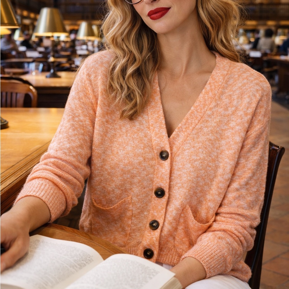 🌸J. Crew Peach V-Neck Button Melange Knit Cardigan size XL quiet luxury preppy